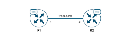 Lab topology: two Catalyst 8000V routers, R1 and R2, connected over the 172.22.0.0/30 network